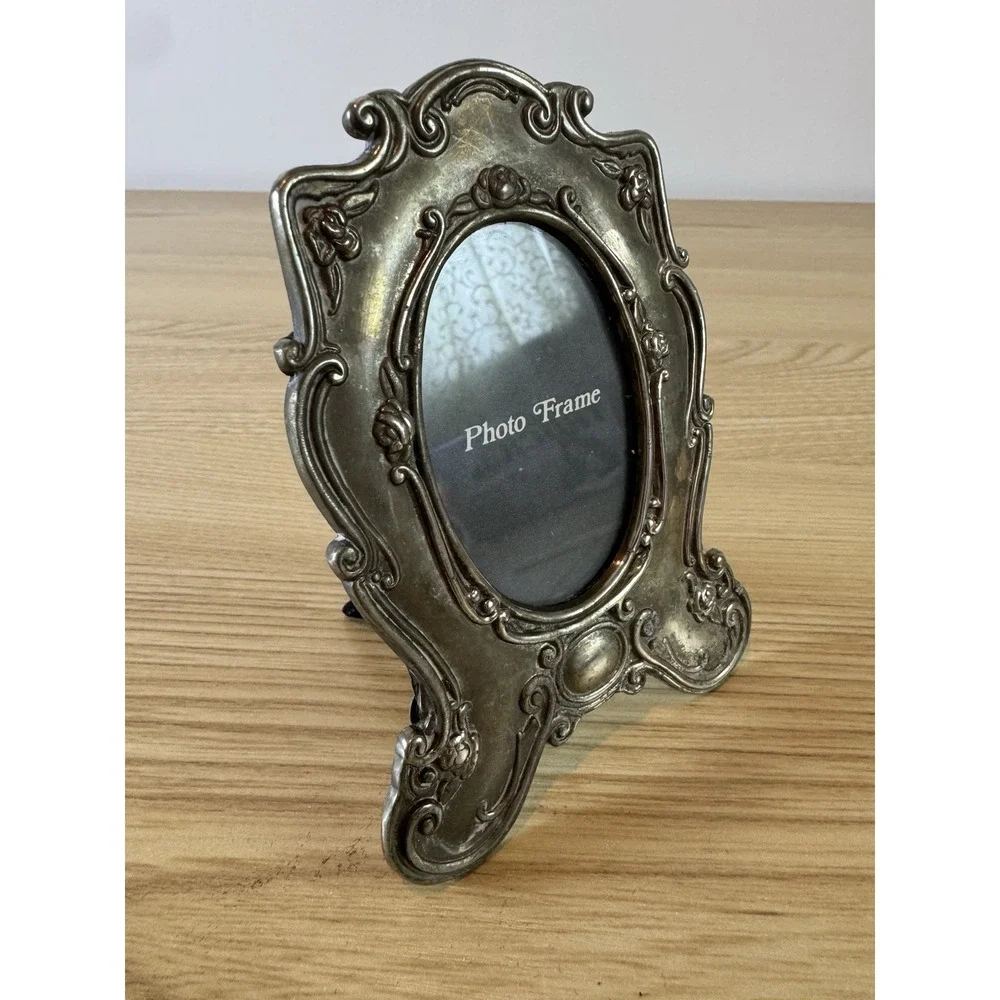 Ornate Silver Tone Oval Photo Frame Roses Floral Scroll Easel Back Victorian